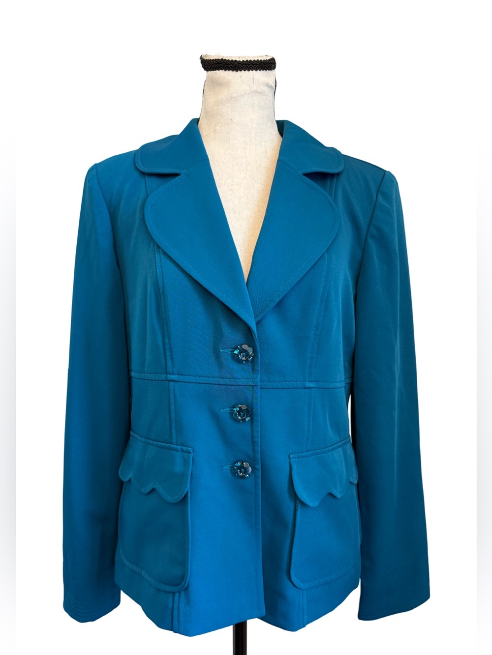 K.C. Spencer Vintage Teal Blue Blazer Jacket Shoulder Pads Size 8 Pockets